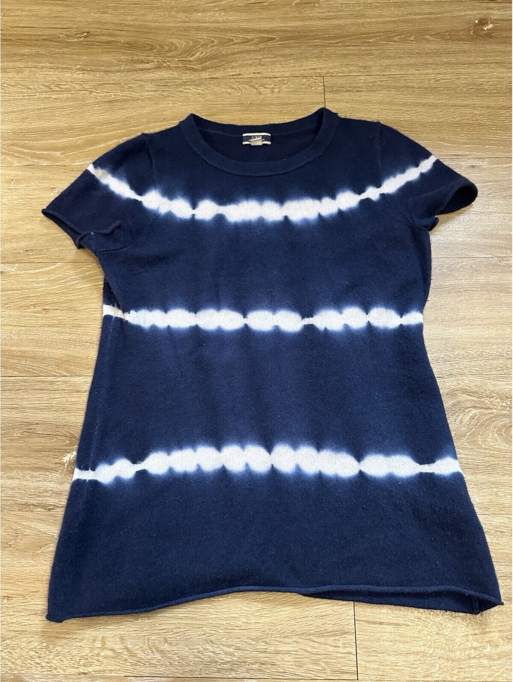 J.Crew 100% Cashmere Old Money Preppy Blue White Short Sleeve Top Sweater Sz S